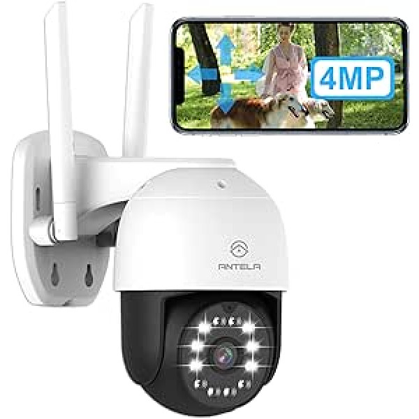 ANTELA āra novērošanas kamera, 4MP/2,5K, 360° PTZ WLAN kamera ārā ar 24/7 ierakstīšanu, IP65, 50 m krāsu/IR/viedā nakts redzamība ar prožektoru, divvirzienu audio, kustības noteikšana, trauksmes ziņojums,