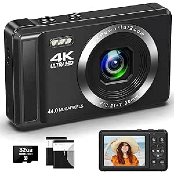 Digitālā kamera, Toiauaha Autofocus FHD 4K 44MP kompaktkamera, atkārtoti uzlādējama videologošanas kamera ar 32 GB karti un 2 baterijām, pārnēsājama mini kamera ar 16x digitālo tālummaiņu bērniem, iesācējiem, pusaudžiem