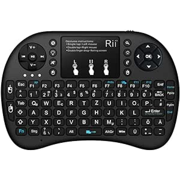 Rii Mini i8+ bezvadu (QWERTZ) — mini apgaismota tastatūra ar vairāku pieskārienu peles paliktni viedtelevizoram, mini datoram, HTPC, datorspēlēm un konsoļu spēlēm