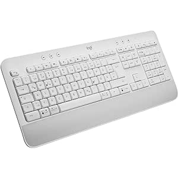 Logitech Signature K650 Comfort bezvadu tastatūra ar plaukstas balstu, BLE Bluetooth/Logi Bolt USB uztvērējs, mīksta pieskāriena tastatūra, cipartaustiņš, PC/Windows/Mac, vācu QWERTZ — balts