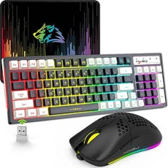 Spēļu tastatūras un peles komplekts 2,4 GHz bezvadu, 96 taustiņi, RGB apgaismota mehāniskā sajūta, membrānas tastatūra Viegla optiskā pele, uzlādējams, ergonomisks dizains operētājsistēmai Windows Mac PS4 XBox, melns