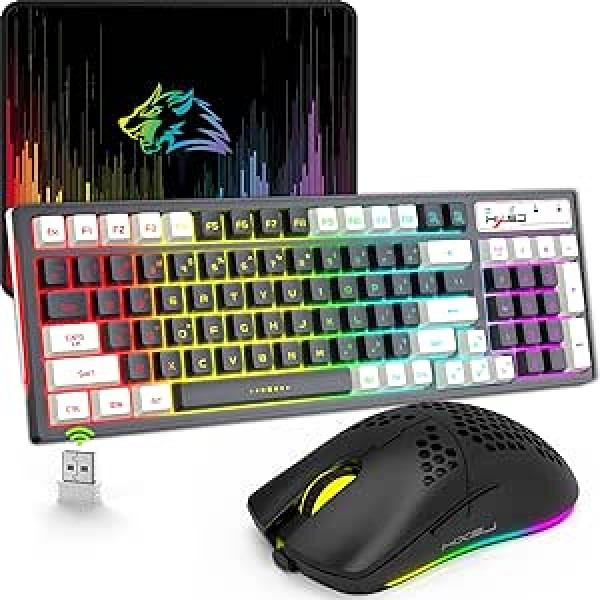 Žaidimų klaviatūros ir pelės rinkinys 2,4 GHz belaidis, 96 klavišai RGB apšviesta mechaninė membraninė klaviatūra Lengva optinė pelė, įkraunama ergonomiška konstrukcija, skirta Windows Mac PS4 XBox, juoda