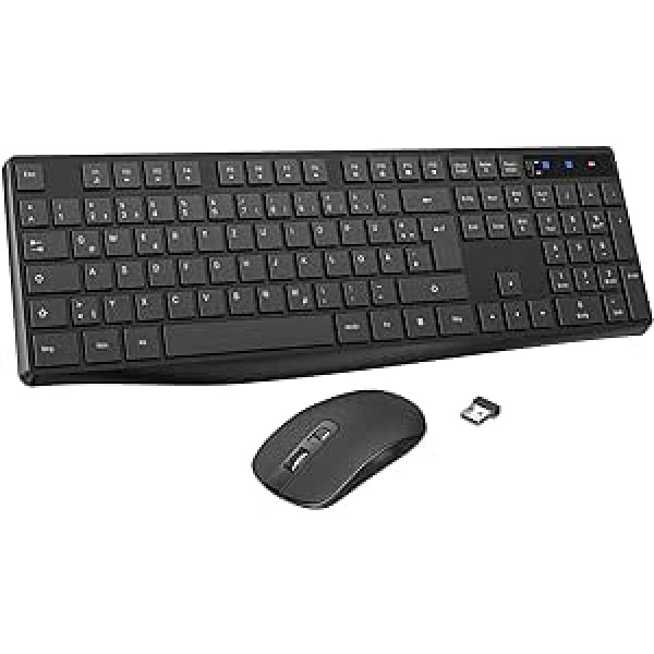 Bezvadu pele un tastatūra, 2,4 G USB pilna izmēra tastatūras peles komplekts Bezvadu vācu QWERTZ izkārtojums, kluss bezvadu tastatūras peles komplekts personālajam datoram, galddators, piezīmjdators, klēpjdators, Windows XP/7/8/10, Mac