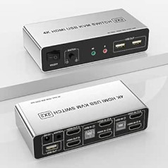 Dual Monitor KVM Switch HDMI 2 Port, Supports EDID, 4K @ 60Hz HDMI KVM Switch for 2 PC to 2 Monitors with 3 USB 2.0 Ports and Audio Microphone Output, 2 PC 2 Monitor Switch