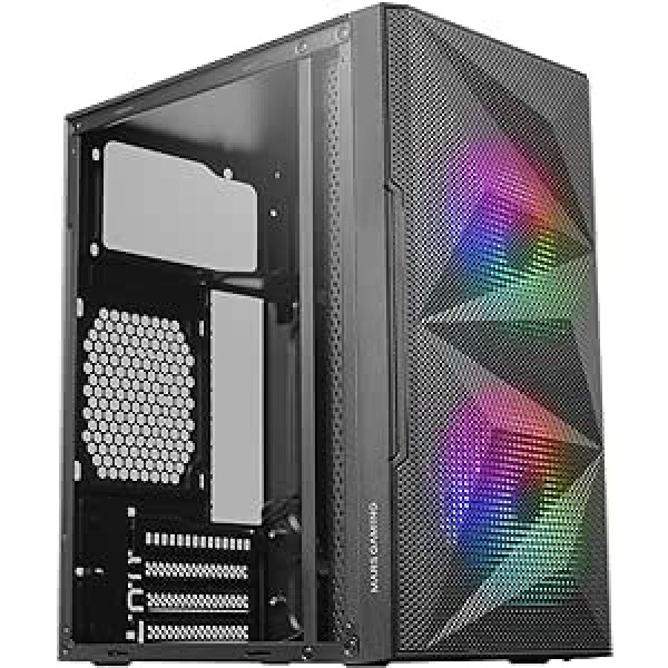 Mars Gaming MC-ME Compact Micro-ATX spēļu futrālis, melns, rūdīta stikla sānu logs, ģeometrisks kopējais acu priekšpuses dizains, 2 x 120 mm FRGB ventilatori