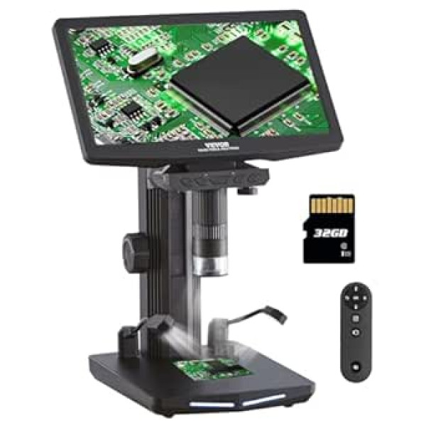 VEVOR digitālais mikroskops ar 26 cm HD ekrānu 10x-1300x palielinājums Mirgojošs mikroskops USB mikroskops 8 LED 2 miljoni pikseļu 1080p video izšķirtspēja 1920x1080 fotoattēlu izšķirtspēja 32 GB atmiņas karte