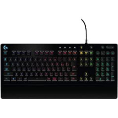 G213 Prodigy spēļu tastatūra, Lightsync RGB, Mech Dome taustiņi, šļakatu necaurlaidīgs, multivides taustiņi, AZERTY beļģu izkārtojums — melns