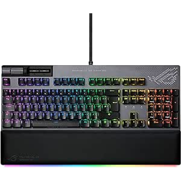 ASUS ROG Strix Flare II Animate 100 % RGB žaidimų klaviatūra, karštai keičiami ROG NX raudoni jungikliai, PBT Doubleshot klaviatūros dangteliai, LED ekranas, 8K apklausa, medijos valdymas, USB perėjimas, JK išdėstymas