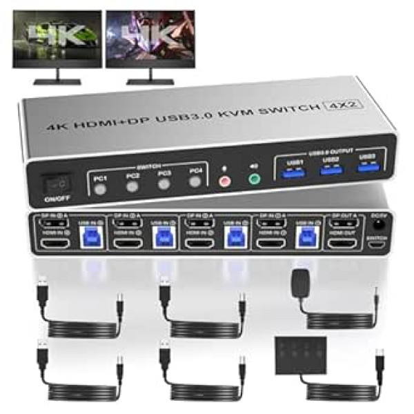 USB 3.0 displeja pieslēgvieta+HDMI KVM slēdzis 4 dators 2 monitori 4K @ 60 Hz, divu monitoru KVM slēdži ar 3 USB ierīcēm, KVM slēdži 4 datoriem 2 monitori koplietošanas 1 komplekts pele, tastatūra, U diska printeris