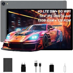 YUMKEM Tablet 2K FHD planšetdatori Android 12, 10,3 collu planšetdators, SIM karte 4G LTE + 5G WiFi, 15 GB RAM + 128 GB ROM + 1 TB paplašinājums, 13 MP + 8 MP kamera, astoņkodolu, 6000 mAh, grafiskais izmērs, GPSo/,BT