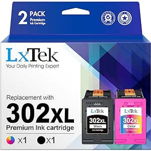 LxTek atjaunotas HP 302 302XL tintes kasetnes priekš HP DeskJet 1110 2130 2134 3630 3632 3634 Envy 4520 4521 4522 4523 4524 Officejet 3 6 4 4 5 3 6 4 5 3 (1 melns, 1 krāsa)