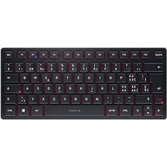 CHERRY KW 9200 Mini kompakta vairāku ierīču tastatūra līdz 4 ierīcēm, Šveices izkārtojums (QWERTZ), izvēles savienojums, izmantojot Bluetooth®, bezvadu vai kabelis, uzlādējama, melna