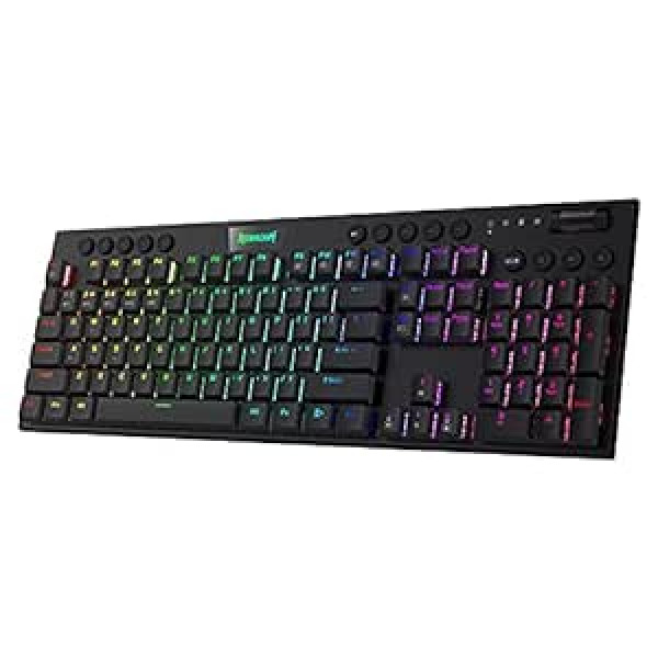 Redragon K618 Horus Mechanische RGB-Tastatur, Bluetooth/2.4ghz/kabelgebundene Tri-Mode Flache Tasten Gaming-Tastatur mit Kabelloser Verbindung, Dedizierter Mediensteuerung und Blaue Schalter