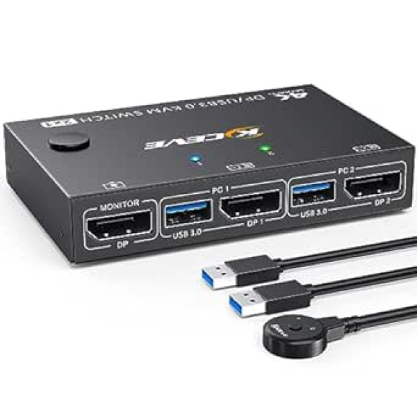 USB 3.0 KVM slēdzis Displayport 4K @ 144Hz, KVM Switch 2 PC 1 Monitor 8K @ 30Hz, DP KVM Switch 2 in 1 Out for 2 PC Share 4 USB 3.0 ierīces Tastatūras peles monitors ar vadu tālvadības pulti