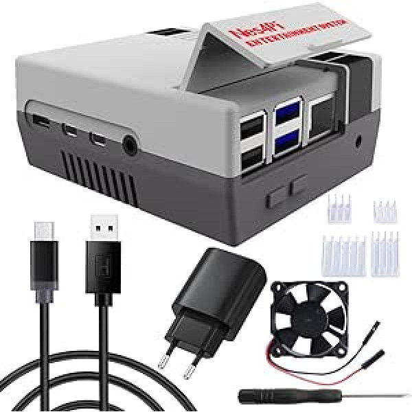 DVOZVO Retro Gaming Nes4Pi futrālis Raspberry Pi 4B, Raspberry Pi 4 futrālis ar ātro lādētāju QC 3.0 barošanas bloks, ventilators, radiators Raspberry Pi 4 8GB/4GB/2GB