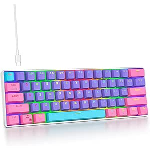 SOLIDEE pārnēsājama 60% mehāniskā spēļu tastatūra, 61 taustiņu kompaktais RGB LED fona apgaismojums, vadu tastatūra ar USB tipa C kabeli, lineārs sarkans slēdzis operētājsistēmai Windows, personālajam datoram, Mac datoram (61 purpursarka