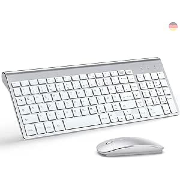 Tastatūras peles komplekts Ultra Slim TopMate 2.4G Silent Compact USB 2400DPI pele un slēdža tastatūra ar vāciņu ar 2 AA un 2 AAA baterijām datora klēpjdatoram Windows Mac Sudraba balts