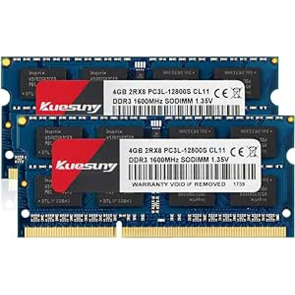 Kuesuny 8GB rinkinys (2X4GB) DDR3L/DDR3 1600MHz Sodimm Ram PC3L/PC3 12800S PC3L/PC3 12800 1.35V/1.5V CL11 204 Pin 2RX8 Dviejų rangų atmintis be ECC nebuferuota