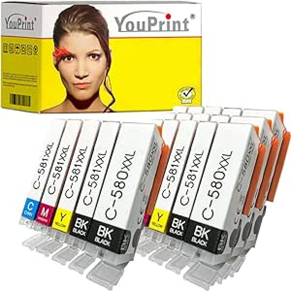 20 youprint rašalo kasečių, atitinkančių Canon PGI-580 CLI-581 XXL su lustu, tinka Canon Pixma TS705 (a) TS6350 (a) TS9550 spausdintuvams