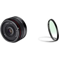 Samyang AF 35 mm F2.8 FE (niecīgs, bet varens) — pilna formāta un APS-C automātiskā fokusa platleņķa fiksēta fokusa garuma objektīvs un Walimex Pro UV filtrs Slim MC 49 mm (iekļauts aizsargmaciņš)