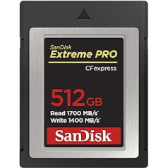 SanDisk Extreme Pro CFexpress B tipa atmiņas karte 512 GB (1700 MB/s lasīšanas, 1400 MB/s rakstīšanas, RescuePRO Deluxe, gludi RAW videoklipi, 4K, XQD saderība)