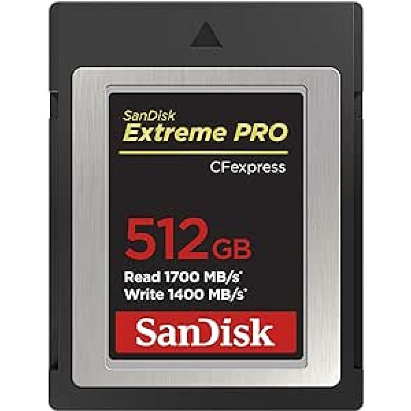 SanDisk Extreme Pro CFexpress B tipa atmiņas karte 512 GB (1700 MB/s lasīšanas, 1400 MB/s rakstīšanas, RescuePRO Deluxe, gludi RAW videoklipi, 4K, XQD saderība)