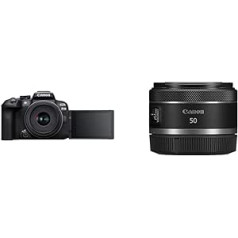 Canon EOS R10 sistēmas kamera + RF-S 18-45 mm F4.5-6.3 ir STM tālummaiņas objektīvs un RF 50 mm F1.8 STM objektīvs, kompakts un viegls, augsta gaismas intensitāte 1:1,8