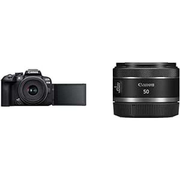 Canon EOS R10 sistēmas kamera + RF-S 18-45 mm F4.5-6.3 ir STM tālummaiņas objektīvs un RF 50 mm F1.8 STM objektīvs, kompakts un viegls, augsta gaismas intensitāte 1:1,8