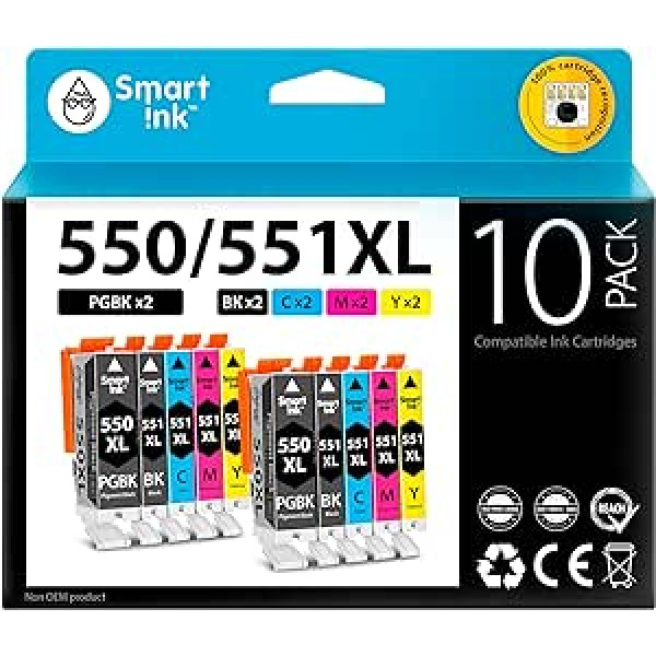 Smart Ink saderīgas printeru kasetnes, kas paredzētas Canon PGI 550XL 550 XL CLI 551XL 551 (2PGBK & 2BK/C/M/Y 10 Multipack) aizstāšanai, kas paredzētas Canon PIXMA iX6850 MG5650 MX725 MG5650 MX725 MX725MG5MG5MGi