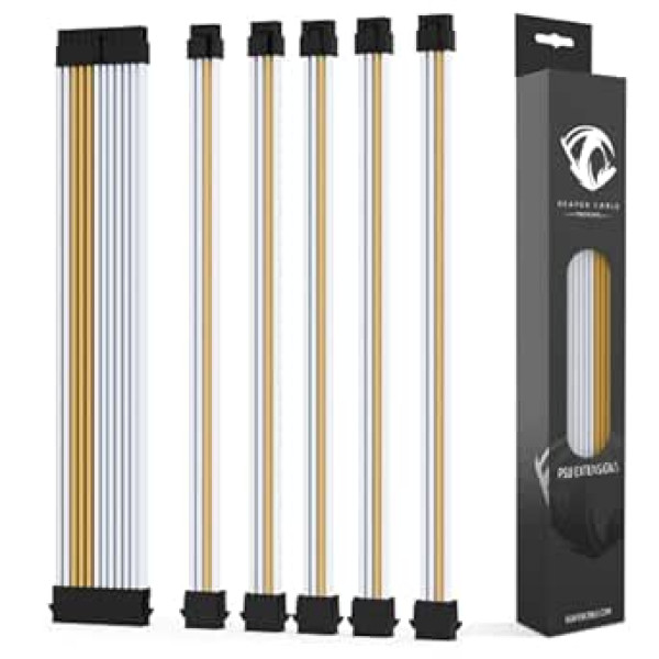 Reaper Cable Premium Power Supply Extension Kit - Aluminium Cable Combs Power Supply Extension - 1 x 24 Pin, 2 x 4+4 Pin, 3 x 6+2 Pin, 30 cm, White & Gold