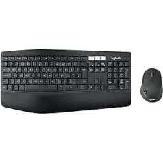 „Logitech MK850 Wireless Keyboard Performance“ pelės rinkinys, „Bluetooth“ ir 2,4 GHz ryšys per USB imtuvą, keli įrenginiai, baterijos veikimo laikas nuo 24 iki 36 mėnesių, delno atrama, skandinaviškas QWERTY išdėstymas