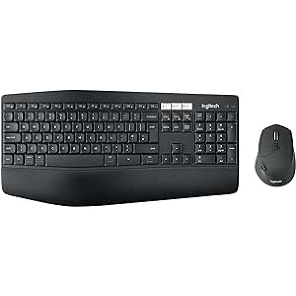 „Logitech MK850 Wireless Keyboard Performance“ pelės rinkinys, „Bluetooth“ ir 2,4 GHz ryšys per USB imtuvą, keli įrenginiai, baterijos veikimo laikas nuo 24 iki 36 mėnesių, delno atrama, skandinaviškas QWERTY išdėstymas