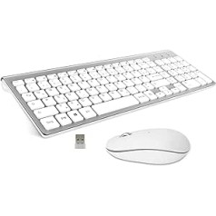 QWERTZ belaidės klaviatūros pelės rinkinys (vokiečių k.) USB belaidė klaviatūra su pele Ergonominė klaviatūra kompiuteriui / asmeniniam kompiuteriui / nešiojamam kompiuteriui / išmaniesiems televizoriams sidabrinė balta