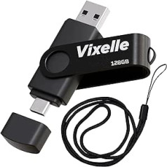 Vixelle 128 GB liela ātruma USB 3.0 C tipa zibatmiņas disks ar auklu — 2 in-1 Dual USB C Memory Stick — 360 ° grozāms pildspalvas disks ar auklu — 128 GB USB atmiņa viedtālrunim, planšetdatoram un datoram — melns