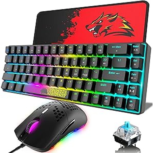 60% kompakta mehāniskā spēļu tastatūra 18 RGB gaismas C tipa vadu 68 taustiņi Anti-ghosting + optiskā šūnveida spēļu pele 6400 DPI + peles paliktņa komplekts personālajam datoram/Windows/klēpjdatoram/Mac melns/zils slēdzis