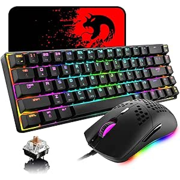 Mini mehāniskā spēļu tastatūra 68 taustiņu RGB aizmugurgaismojuma USB C spēļu tastatūra viegla varavīksnes fona apgaismojuma 6400 DPI šūnveida peles paliktnis, kas saderīgs ar PS4 Xbox