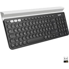 Logitech K780 bezvadu tastatūra, Bluetooth un 2,4 GHz savienojums, vairāku ierīču un Easy-Switch funkcija Integrēts turētājs, PC/Mac/planšetdators/viedtālrunis, vācu QWERTZ izkārtojums - tumši pelēks/balts