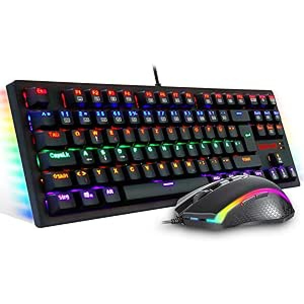 Redragon S113 mechaninės žaidimų klaviatūros pelės rinkinys vaivorykštė, apšviesta rudais jungikliais ir RGB pelė 4200 DPI, skirta asmeniniam kompiuteriui - DE QWERTZ