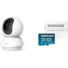 Tapo TP-Link C200 360° WiFi iekštelpu novērošanas kamera, FHD 1080P, nakts redzamība, kustības noteikšana un Samsung EVO Select microSD atmiņas karte, 128 GB, UHS-I U3, Full HD, 130 MB/s lasīšana