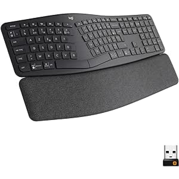 Logitech K860 ERGO — bezvadu ergonomiska tastatūra ar dalītu taustiņu izkārtojumu, plaukstas balstu un regulēšanu dabiskai rakstīšanai Windows/Mac, Bluetooth, USB uztvērējs, FR AZERTY izkārtojums, grafīts