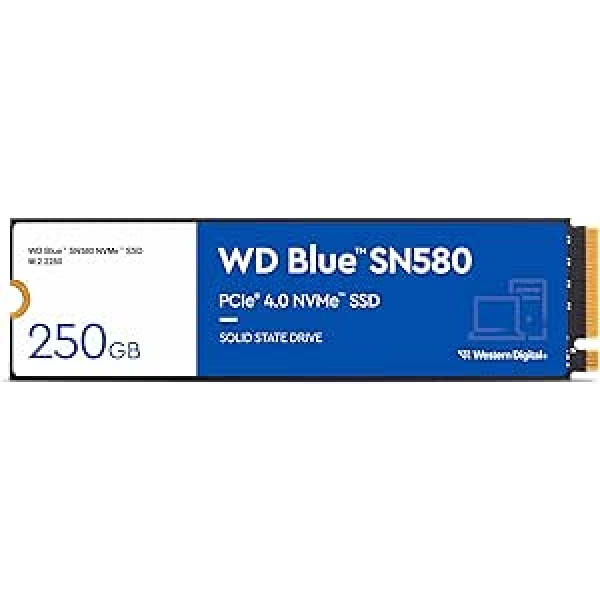 WD Blue SN580 NVMe SSD 250 GB (PCIe Gen4 x4, lasīšanas ātrums līdz 4000 MB/s, M.2 2280, nCache 4.0 tehnoloģija) — zils