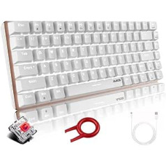 Hoopond AK33 mehāniskā spēļu tastatūra, balts LED fona apgaismojums, USB kabelis, 82 taustiņi, kompakta mehāniskā tastatūra ar pretspoguļošanas taustiņiem spēlētājiem un mašīnrakstītājiem (sarkans slēdzis, balts)