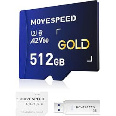 MOVE SPEED 512GB Micro SD Card Up to 170MB/s Micro SD Memory Card A2 U3 V60 4K Full HD Video Recording with Card Reader and Adapter for Driving Recorder