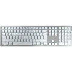 CHERRY KW 9100 Slim darbam ar Mac bezvadu tastatūra Mac izkārtojums Lielbritānijas izkārtojums (QWERTY) Izvēles Bluetooth vai bezvadu savienojums Uzlādējams plakans dizains balts sudrabs