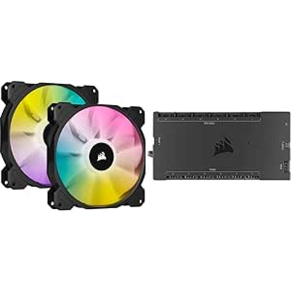 Corsair iCUE SP140 RGB Elite Performance 140 mm PWM ventiliatorių paketas po 2 su iCUE Lighting Node Core ir iCUE Commander Core XT, skaitmeniniu RGB apšvietimo ir ventiliatoriaus greičio valdymu, juoda