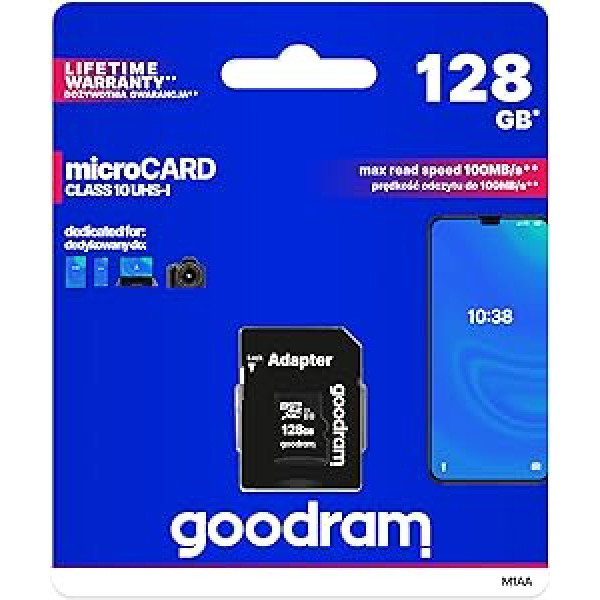 Goodram 128GB M1AA Micro Card High Speed Class 10 Memory Card with Adapter and UHS-I Interface Read Speed up to 100MB/s Write Speed from 10MB/s 128GB