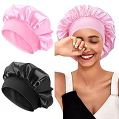 Alileader Шелковый чепчик AliLeader для сна, чепчик для вьющихся волос, атласный чепчик для сна, мягкая атласная резинка (черный + розовый)