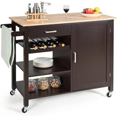 GOPLUS virtuvės vežimėlis su stalviršiu, mobilioji virtuvės salos mediena su stalčiais, rankšluosčių kabykla, vyno butelių lentyna, laikymo spintelė, serviravimo vežimėlis ant ratų virtuvei ir valgomajam (rudas)