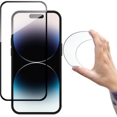 Elastīgs rūdīts stikls iPhone 14 Pro ekrānam ar melnu rāmi. Full Cover Flexi Nano Glass