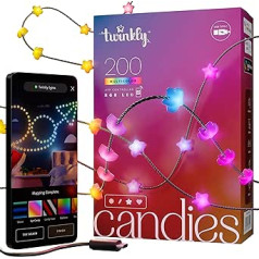 Twinkly Candies — Ziemassvētku pasaku gaismas ar 200 RGB gaismas diodēm — ar lietotni vadāms Ziemassvētku rotājums — ar USB C darbināms — Ziemassvētku lampiņas iekštelpām, 12 m, zvaigzne, zaļš vads